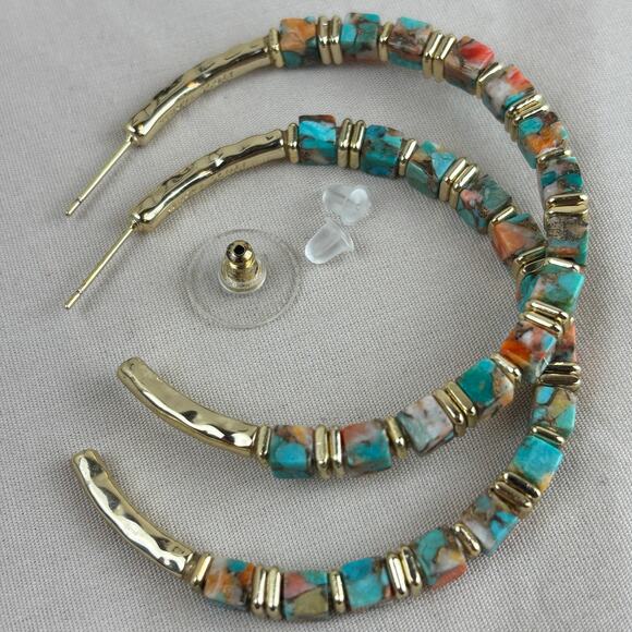 Kendra Scott Ember Gold Plate Hoop Earrings Bronze Veined Turquoise Red Oyster - Picture 12 of 12